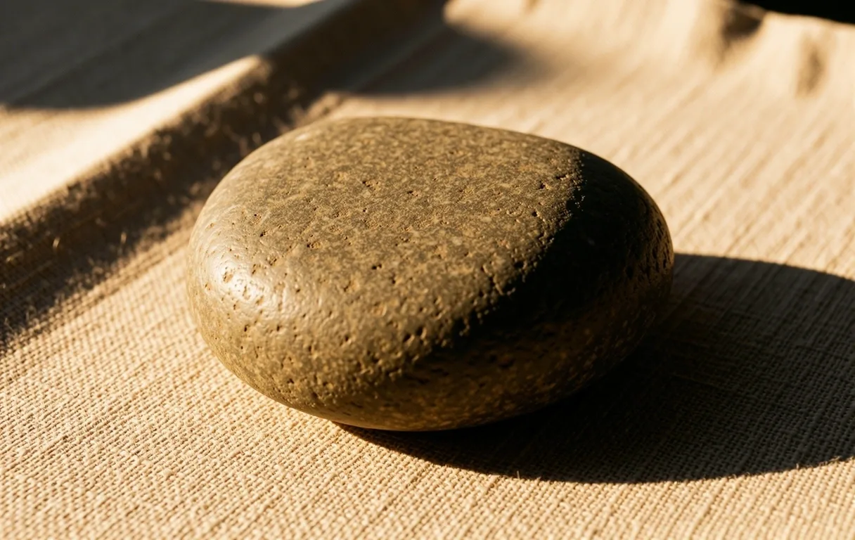 Close-up of a smooth stone on linen fabric in golden sunlight